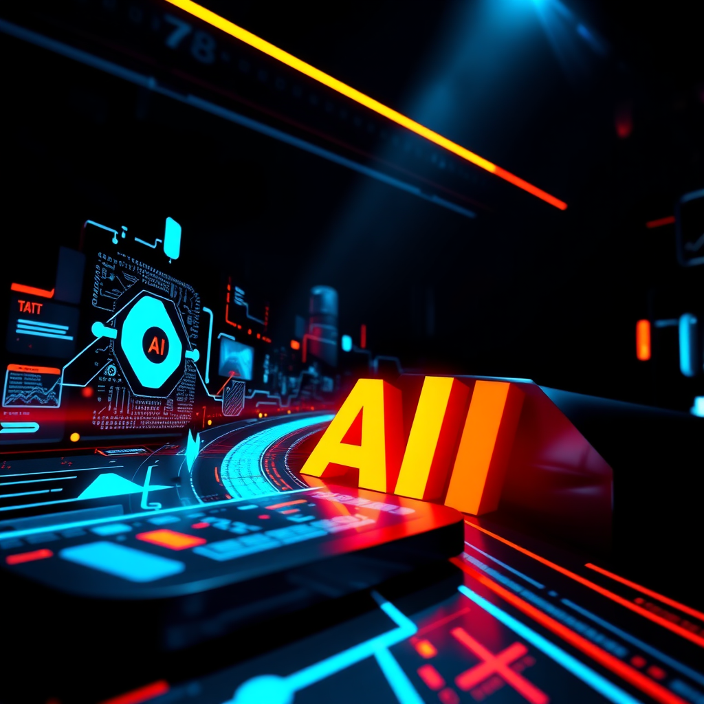 A bold, dynamic image that represents innovation in marketing through AI. The composition features futuristic design elements, with vibrant graphics suggesting progress and forward movement. The lighting is dramatic, casting contrasting shadows, while a palette of bright colors like blue and orange signifies technology and creativity. The camera angle should be innovative, capturing the essence of forward-thinking in high-resolution 8K quality.