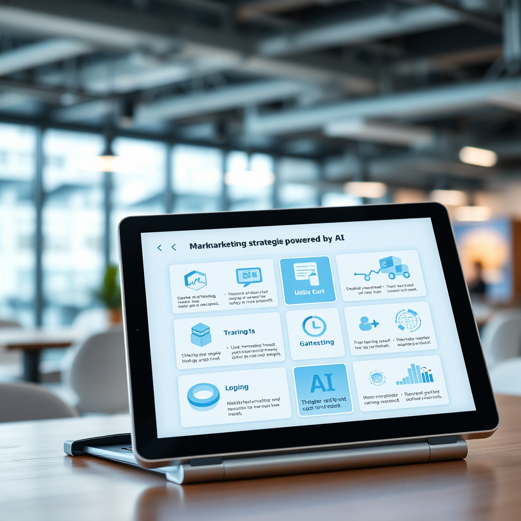 A high-quality image showcasing a tablet displaying various marketing strategies powered by AI. The background features an urban workspace with modern design elements. Soft, diffused lighting ensures clarity, and a calming color palette of blues and greys emphasizes technology and efficiency. The angle should be slightly tilted for artistic flair, with a focus on the tablet screen's interactive elements in 4K resolution, encapsulating modern marketing solutions.