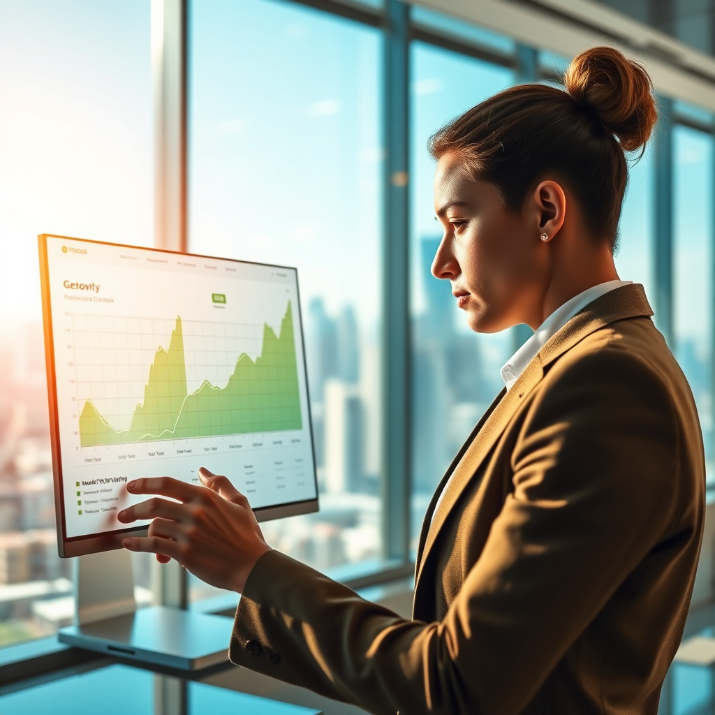 A photorealistic image depicting a business professional analyzing growth charts on a digital interface. The setting is a modern office with a large window showing a cityscape. The lighting is bright and inspiring, using natural daylight to evoke positivity. The color palette features warm tones of gold and green, representing growth and prosperity. The camera captures a close-up view of the screen's graphs and the professional's focused expression. Aim for high detail in 8K resolution to emphasize technology's role in marketing success.