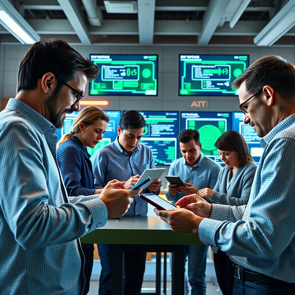 A photorealistic image showing a group of marketers engaging with integrated AI tools on multiple devices. The background features a tech-friendly environment with screens displaying algorithms and strategies. Bright, inspiring lighting creates an energetic vibe, utilizing a color palette of green and white to symbolize efficiency. The camera angle catches the team’s collaborative efforts as they streamline their processes, with attention to detail presented in 8K resolution.